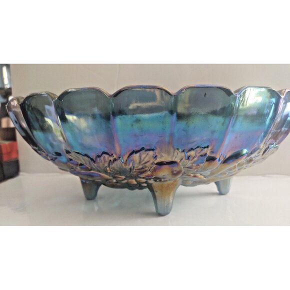 Vintage Indiana Carnival Large Glass Footed Harvest Fruit Bowl Iridescent Blue - Picture 2 of 13